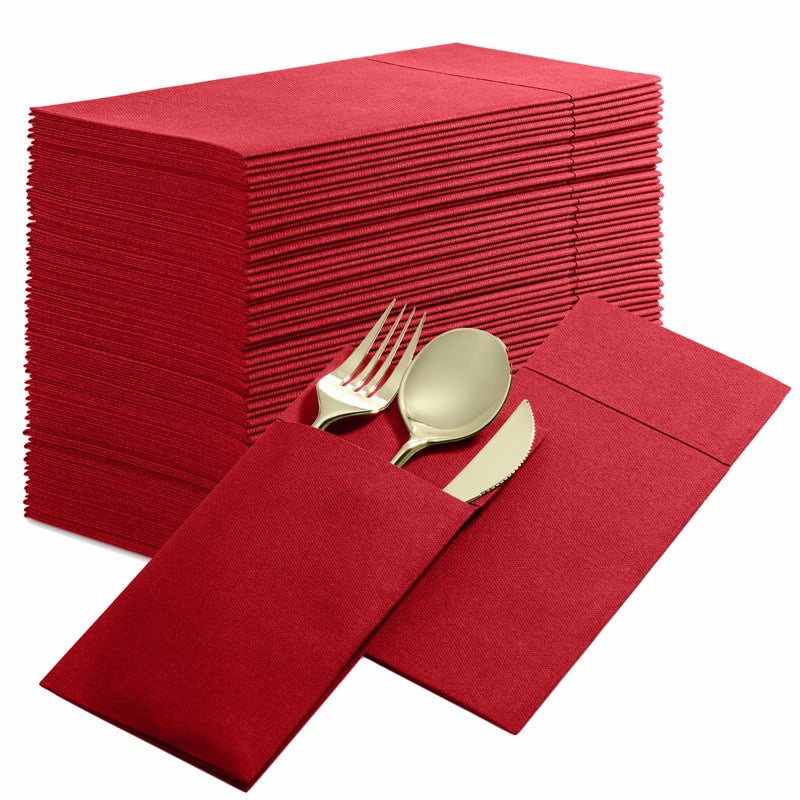 50Pack Disposable LinenFeel Dinner Napkins with Builtin Flatware Pocket BRIGHT RED Prefolded Cloth Like Paper Napkins For Christmas Dinner Wedding Or Party Silverware NOT Included